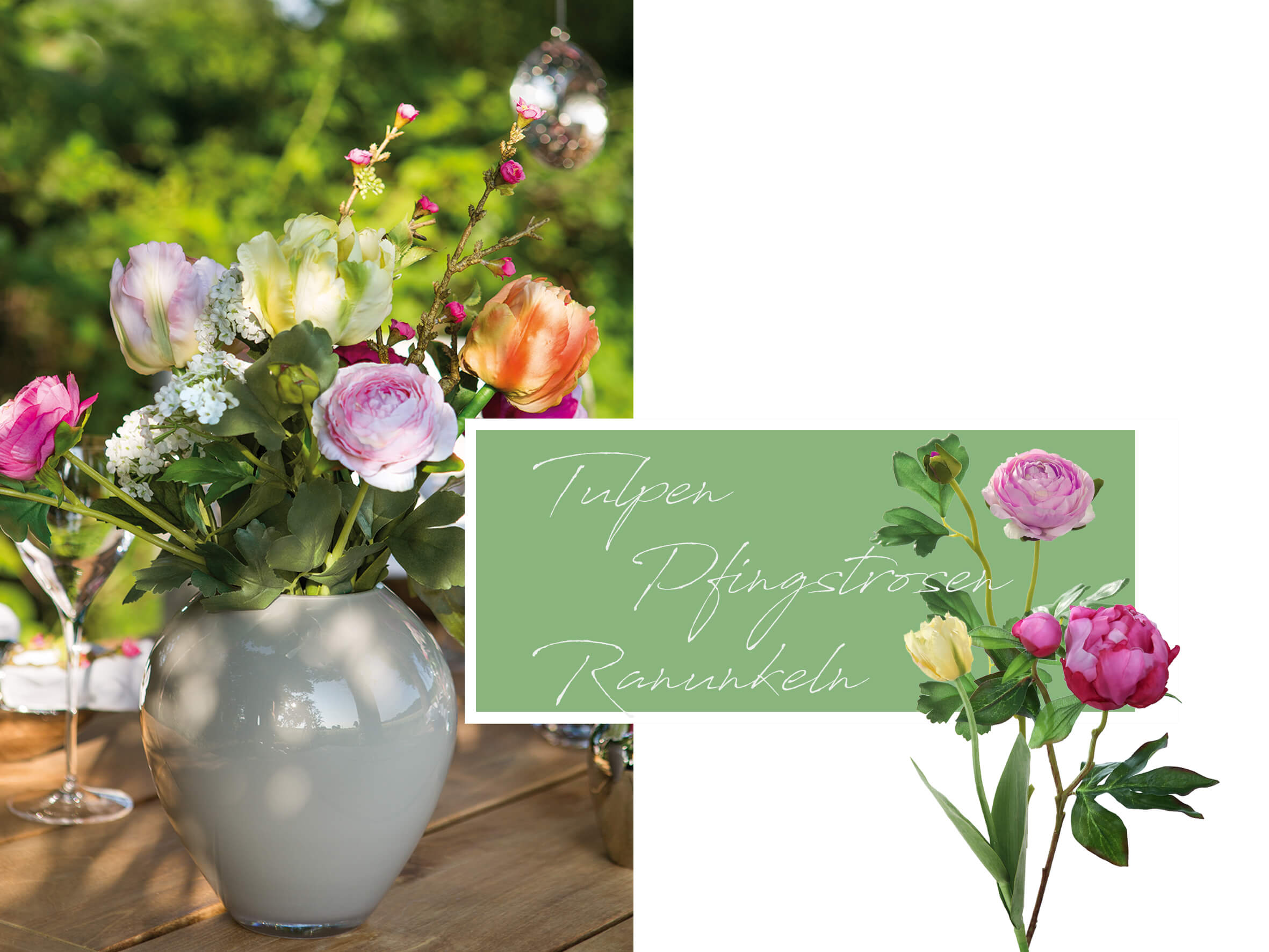 Blumendekoration mit Tulpen, Pfingstrosen und Ranunkeln.